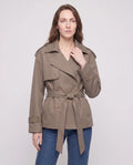 Women's short belted trench jacket with long sleeves and notched collar