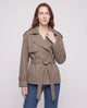 Women's short belted trench jacket with long sleeves and notched collar