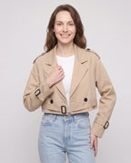Women's beige cropped trench jacket with belt and buckle cuffs