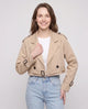 Women's beige cropped trench jacket with belt and buckle cuffs