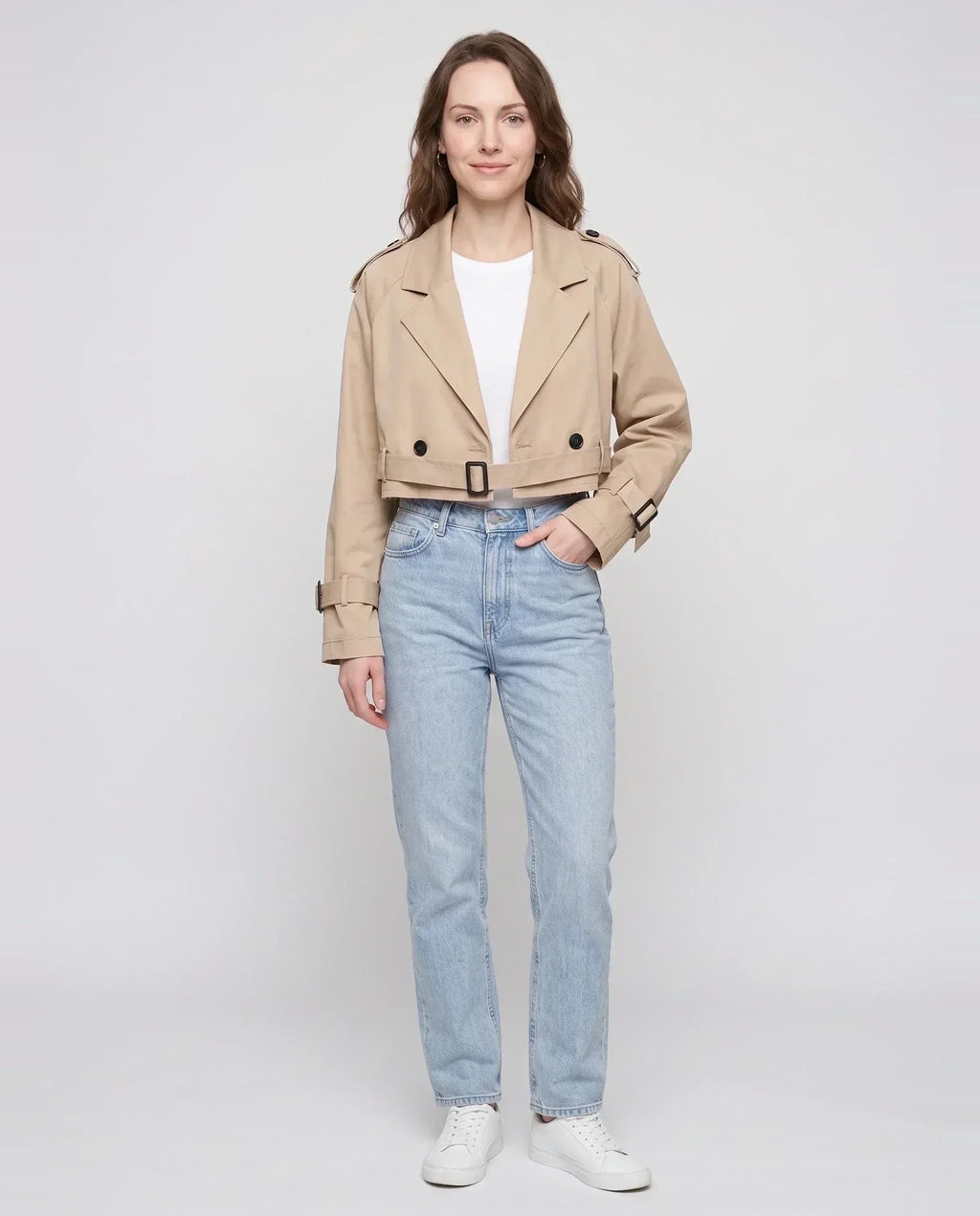 Women's beige cropped trench jacket with belt and buckle cuffs