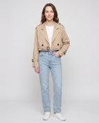 Women's beige cropped trench jacket with belt and buckle cuffs