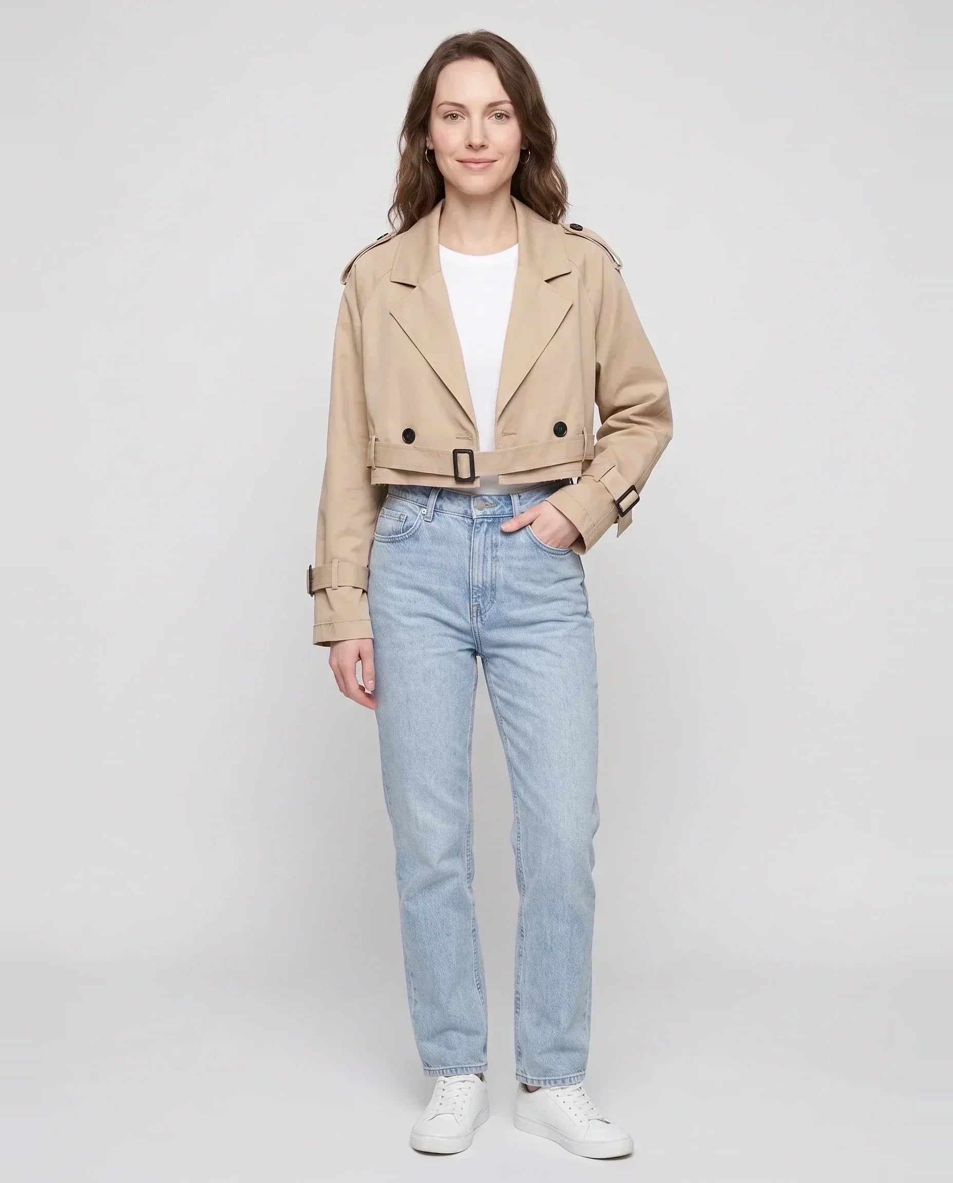Women's beige cropped trench jacket with belt and buckle cuffs
