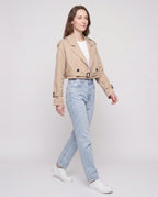 Women's beige cropped trench jacket with belt and buckle cuffs