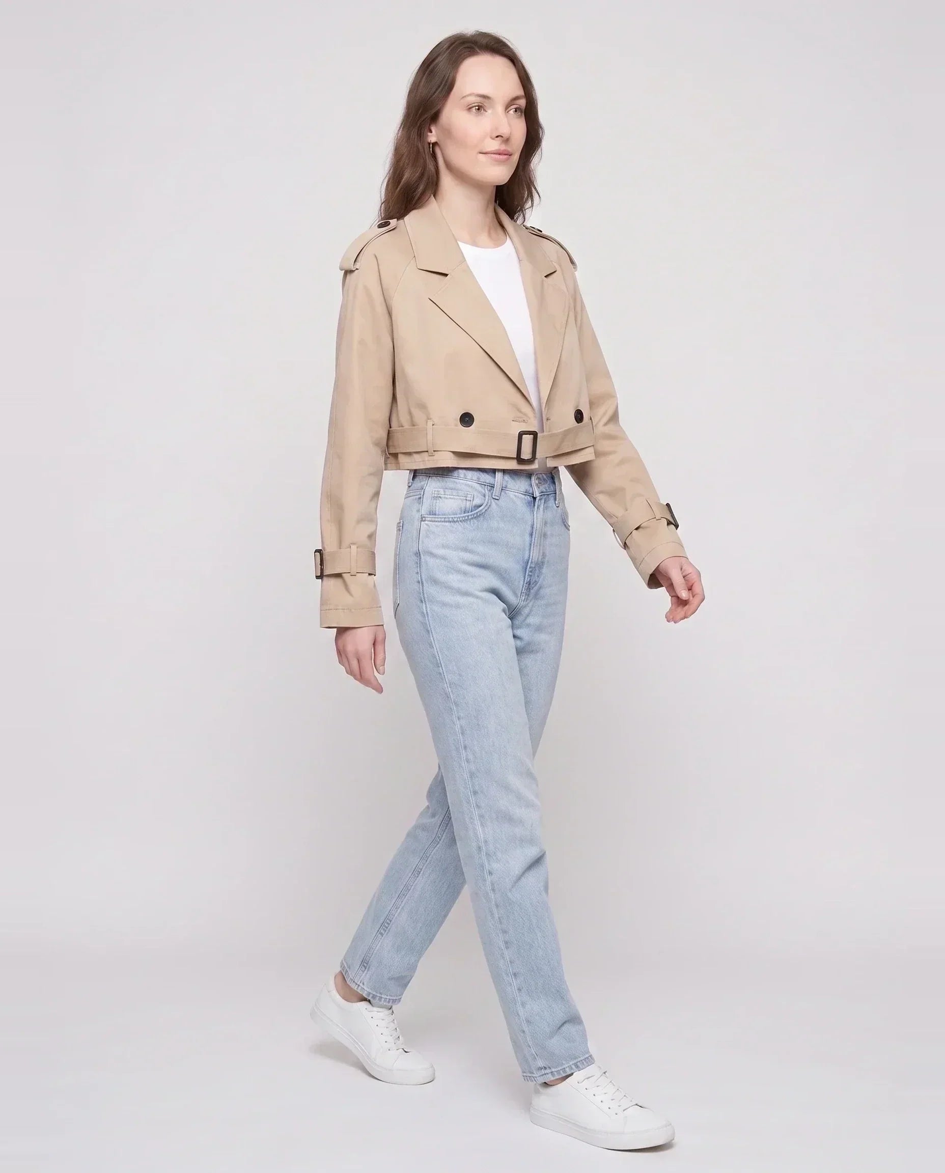 Women's beige cropped trench jacket with belt and buckle cuffs