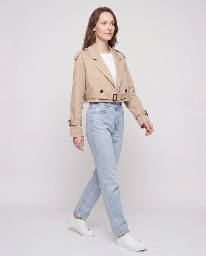 Women's beige cropped trench jacket with belt and buckle cuffs