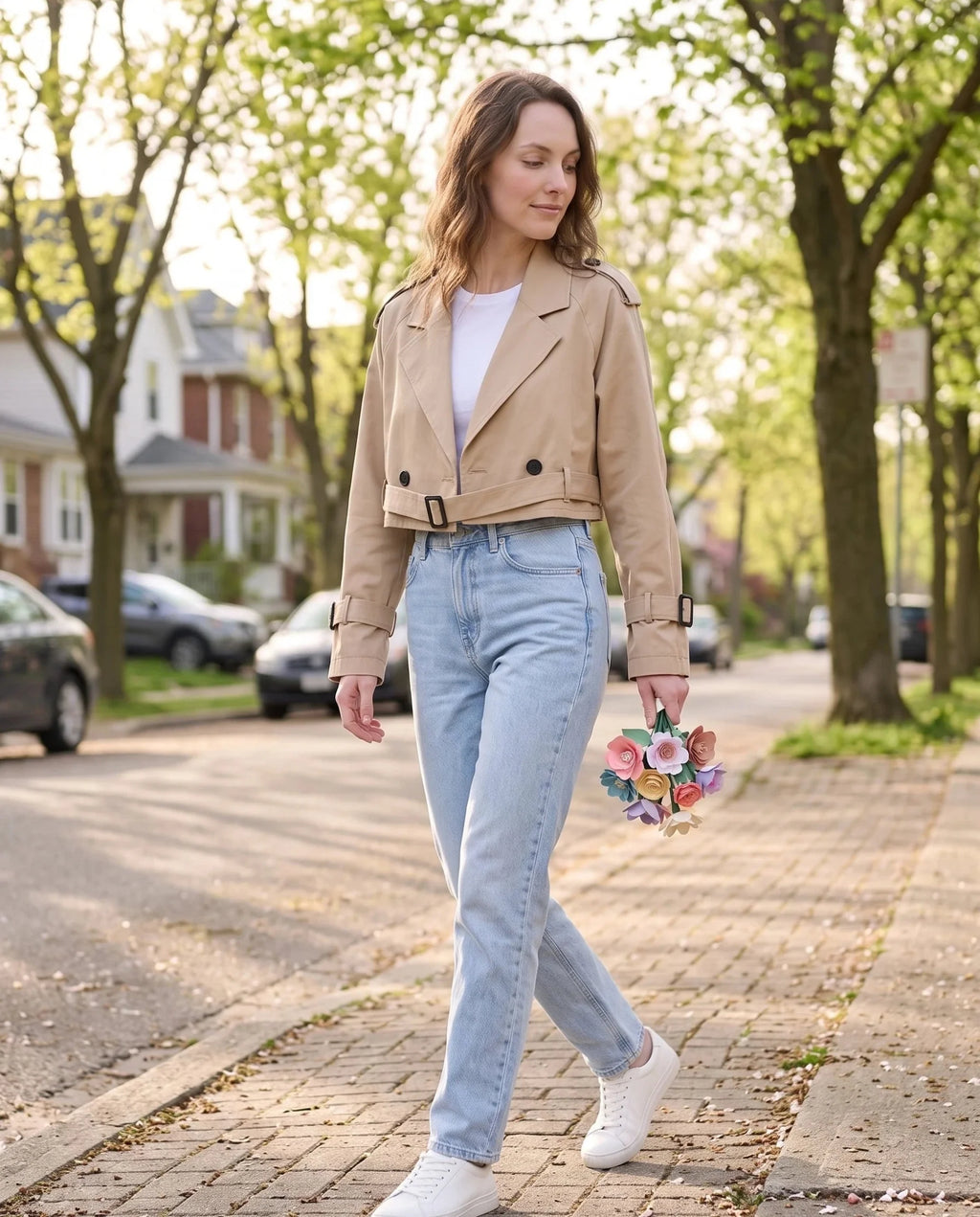Women's beige cropped trench jacket with belt and buckle cuffs