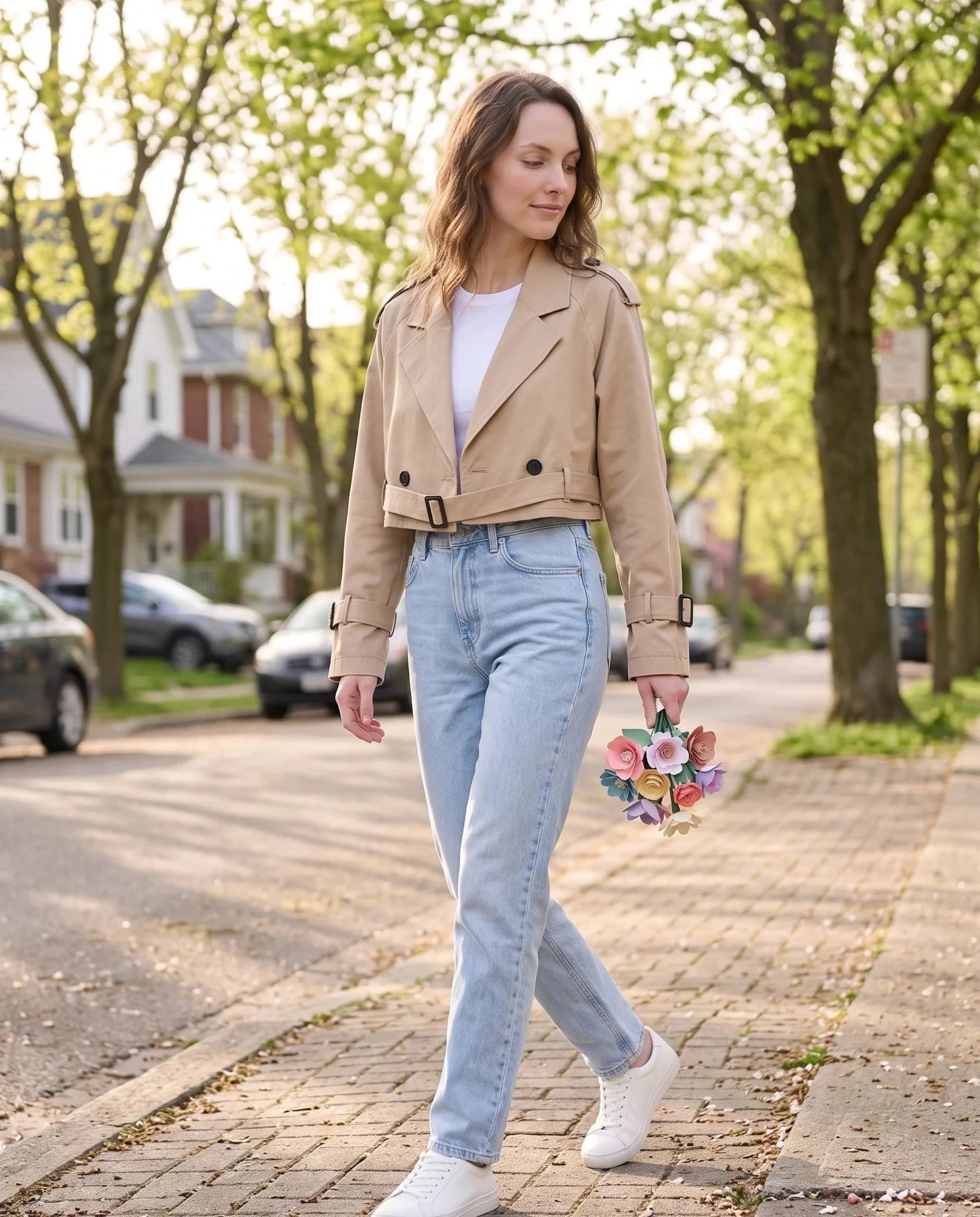 Women's beige cropped trench jacket with belt and buckle cuffs