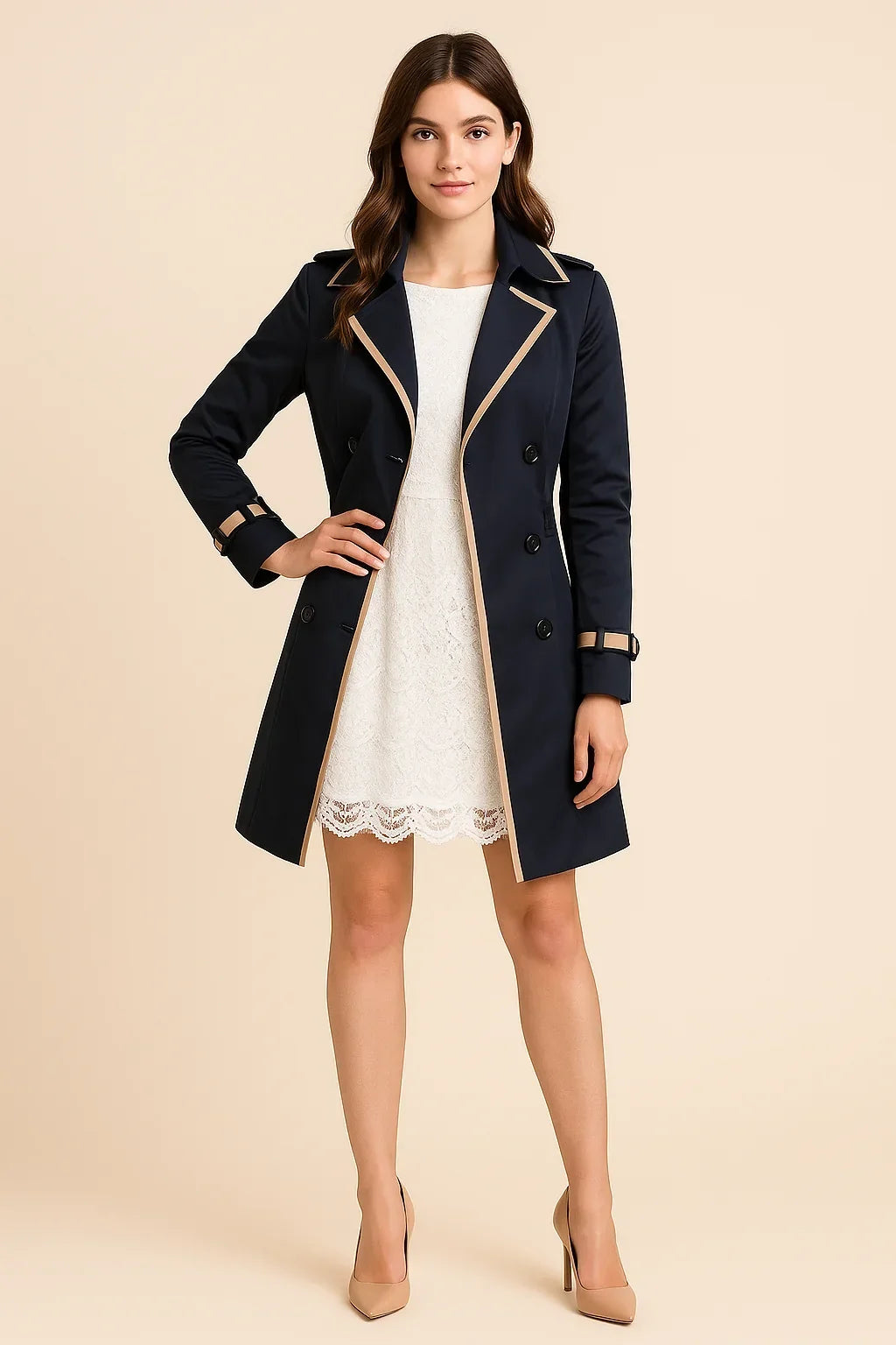 Women's double-breasted trench coat with contrast trim, long sleeves and cuff straps