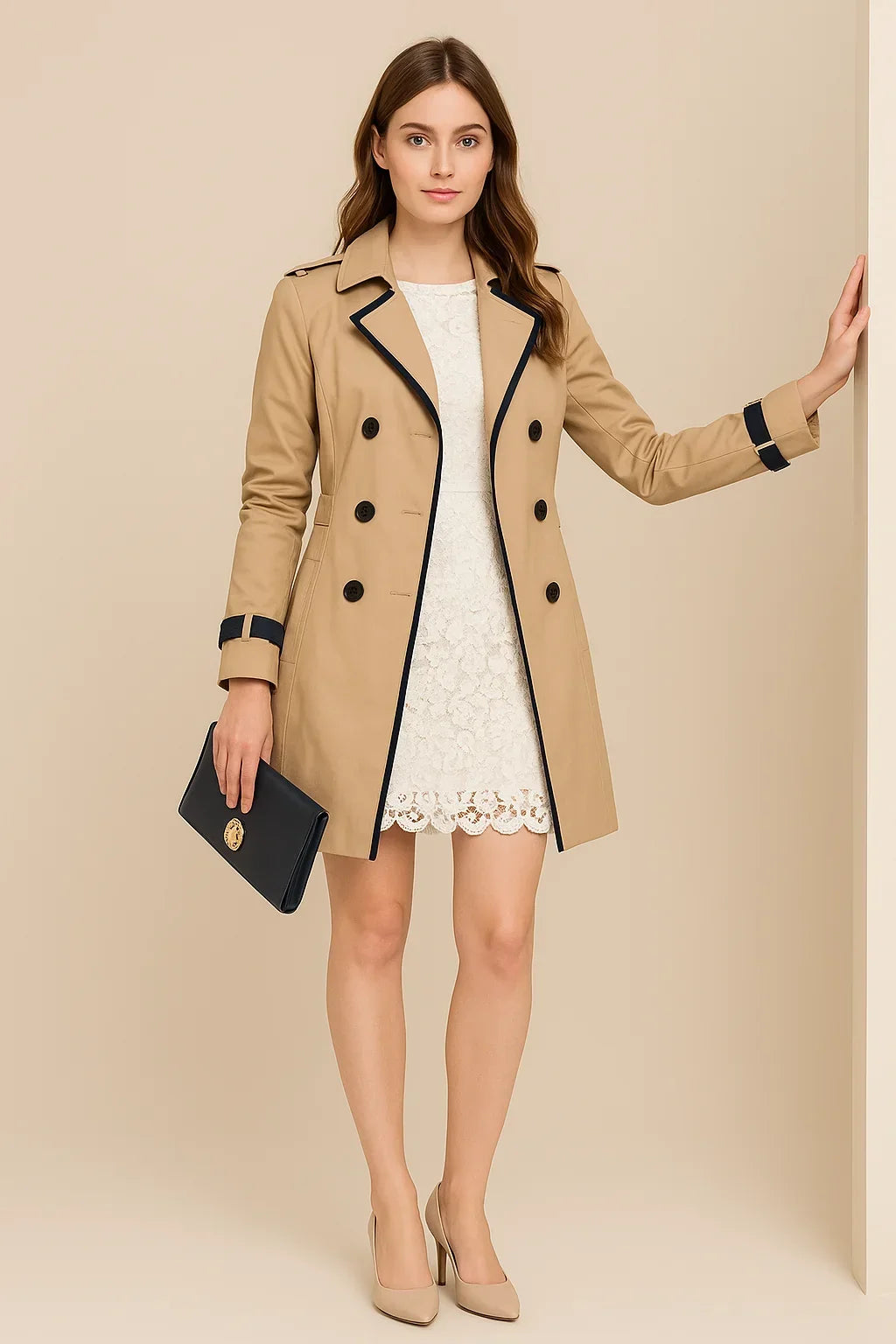 Women's double-breasted trench coat with contrast trim, long sleeves and cuff straps