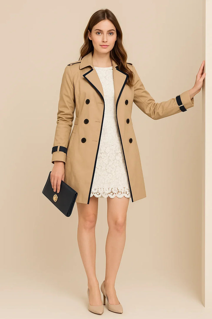 Women's double-breasted trench coat with contrast trim, long sleeves and cuff straps