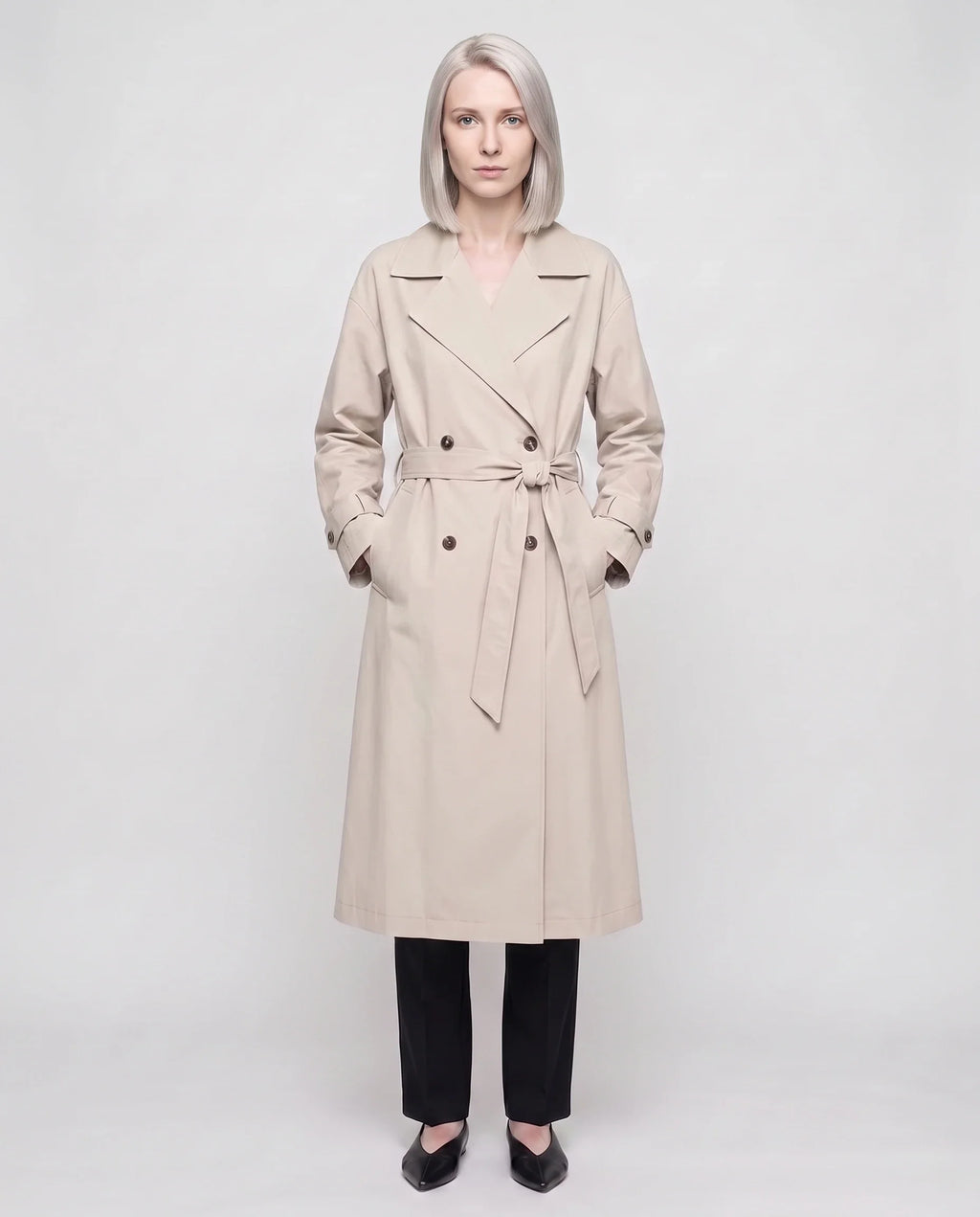 Women's long double-breasted trench coat with belt, lapels and long sleeves