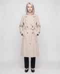 Women's long double-breasted trench coat with belt, lapels and long sleeves