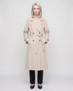 Women's long double-breasted trench coat with belt, lapels and long sleeves