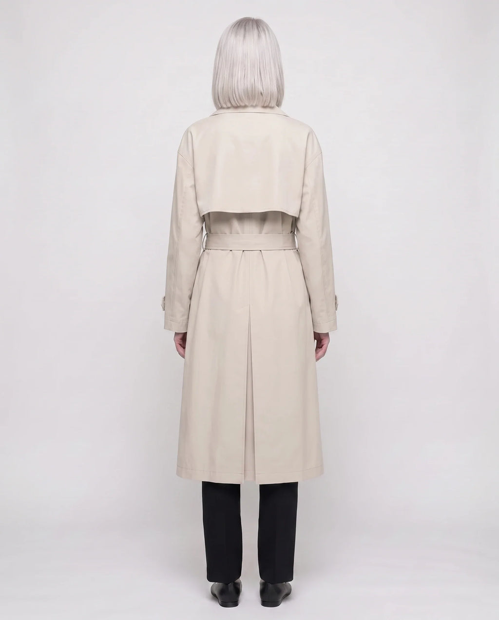 Women's long double-breasted trench coat with belt, lapels and long sleeves