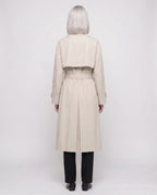 Women's long double-breasted trench coat with belt, lapels and long sleeves
