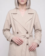 Women's long double-breasted trench coat with belt, lapels and long sleeves