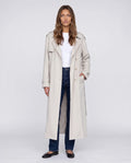 Women's cream long trench coat with notched lapels and button front