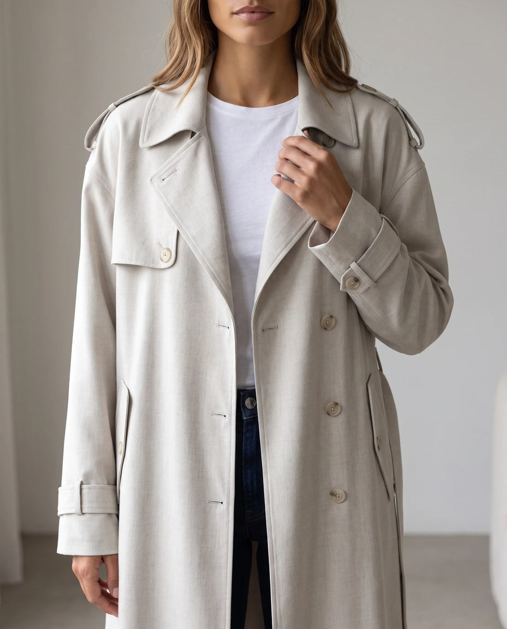 Women's cream long trench coat with notched lapels and button front