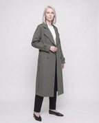 Women's long double-breasted trench coat with belt, lapels and long sleeves
