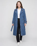 Women's long denim trench coat with lapels, buttons, belt and cuff straps