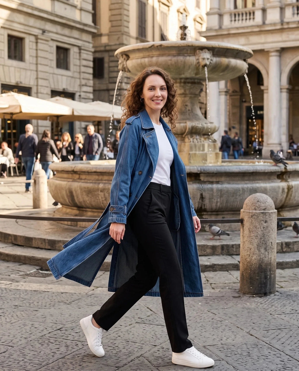 Women's long denim trench coat with lapels, buttons, belt and cuff straps
