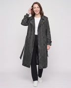 Women's long denim trench coat with lapels, buttons, belt and cuff straps