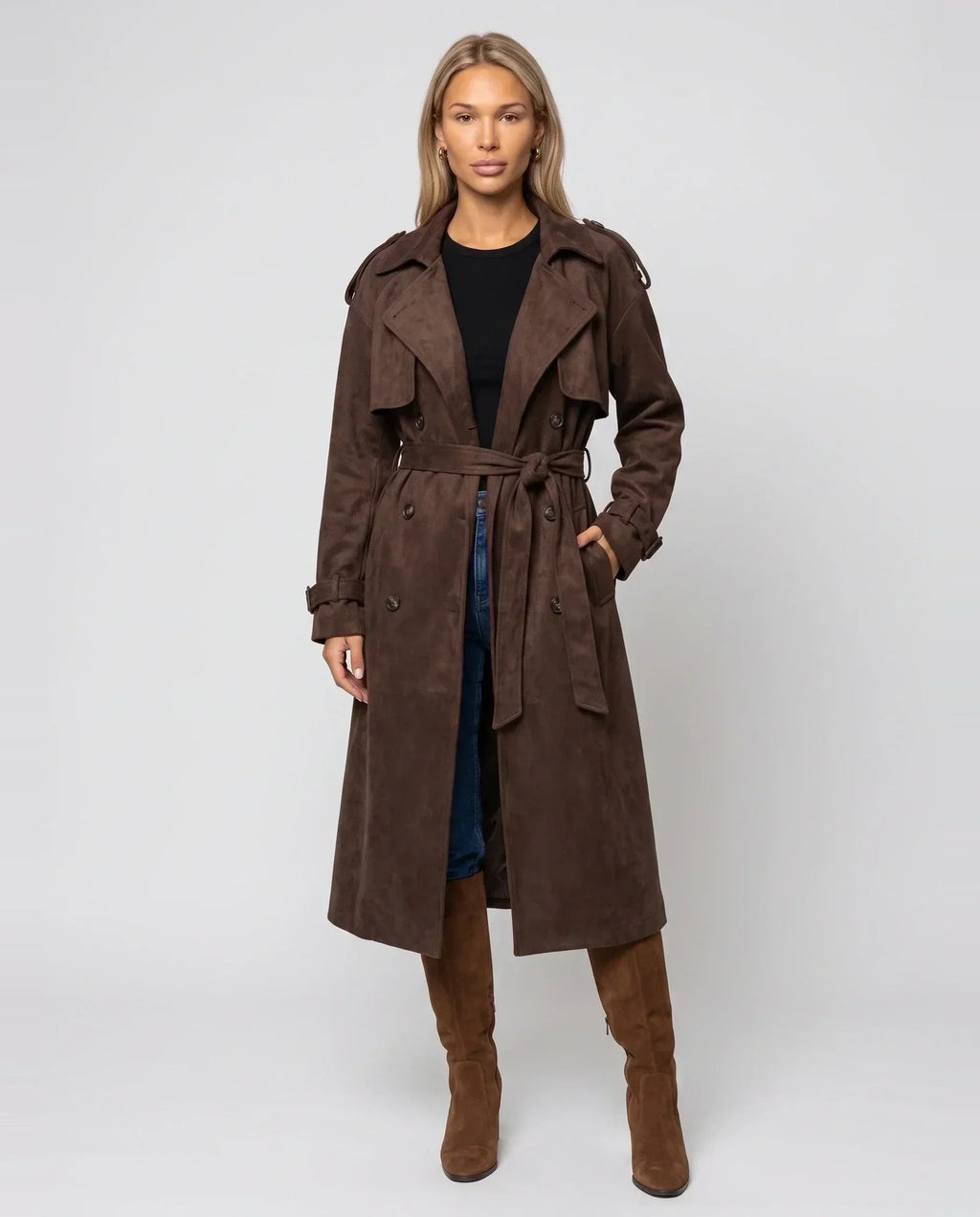 Women's brown long belted trench coat with lapels and button front
