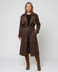 Women's brown long belted trench coat with lapels and button front