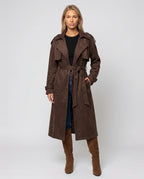 Women's brown long belted trench coat with lapels and button front