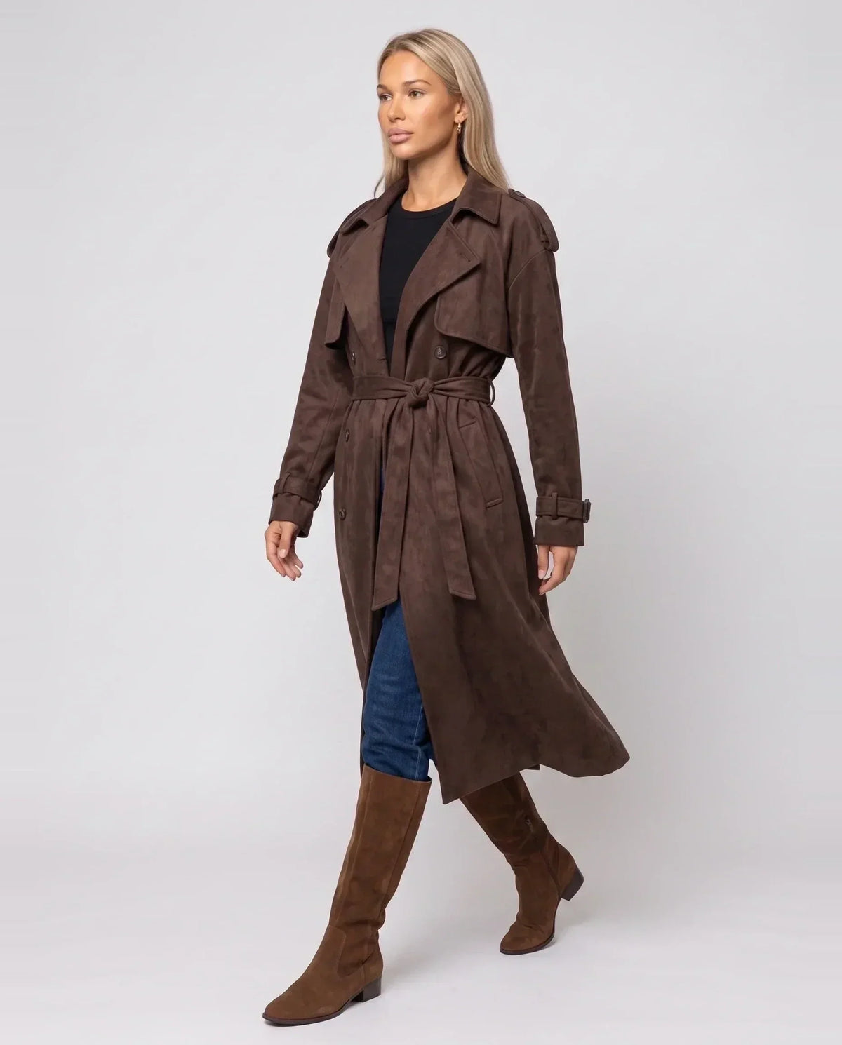 Women's brown long belted trench coat with lapels and button front
