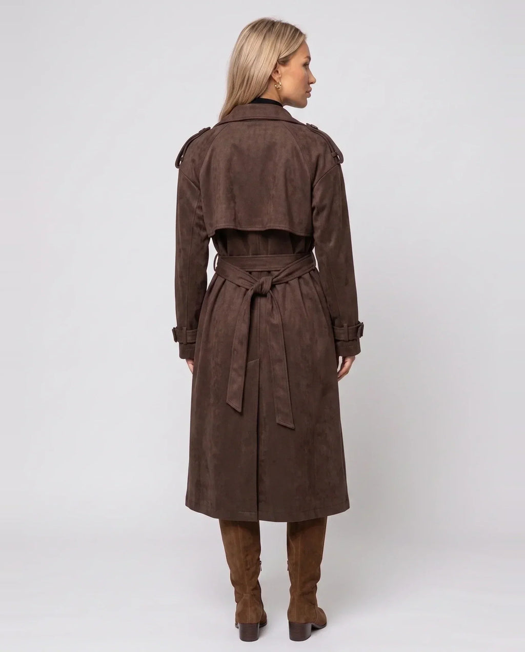 Women's brown long belted trench coat with lapels and button front