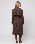 Women's brown long belted trench coat with lapels and button front