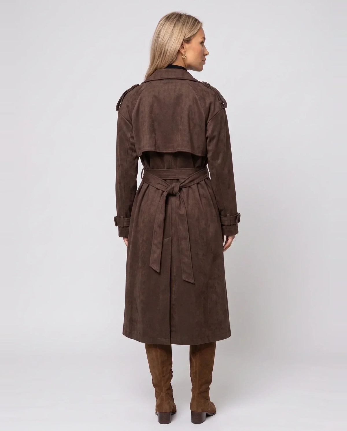 Women's brown long belted trench coat with lapels and button front