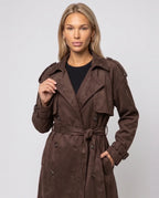 Women's brown long belted trench coat with lapels and button front