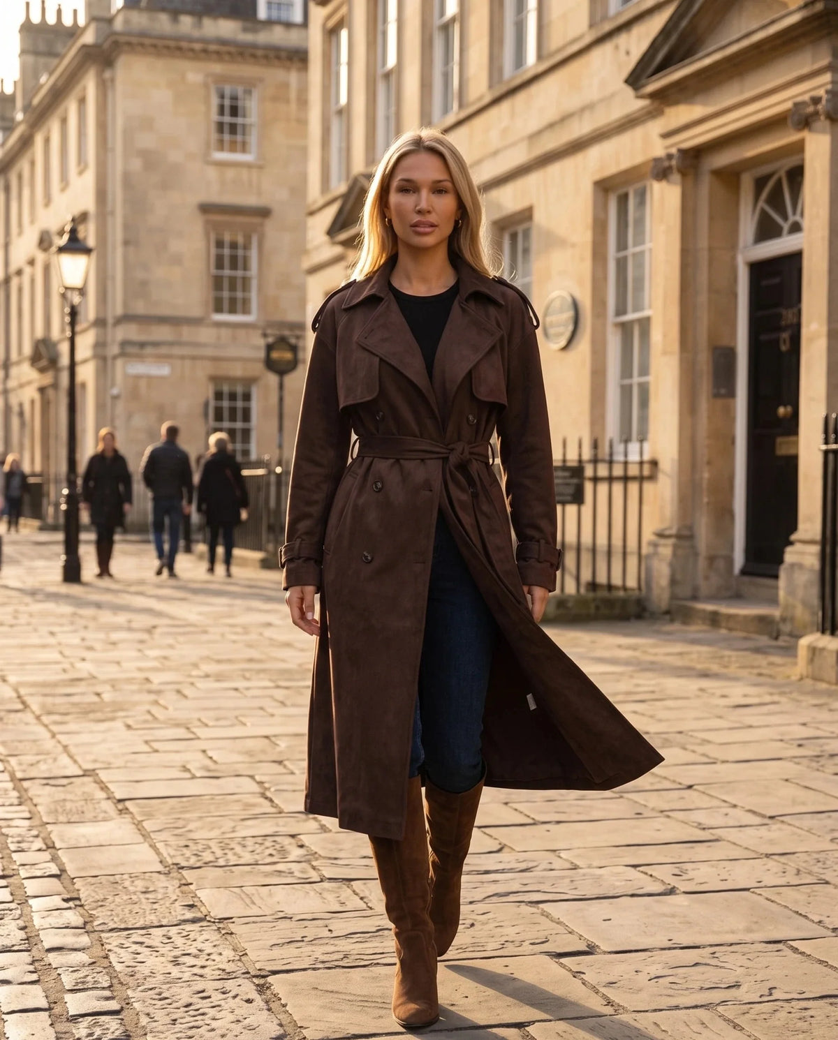 Women's brown long belted trench coat with lapels and button front