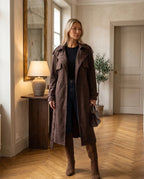 Women's brown long belted trench coat with lapels and button front