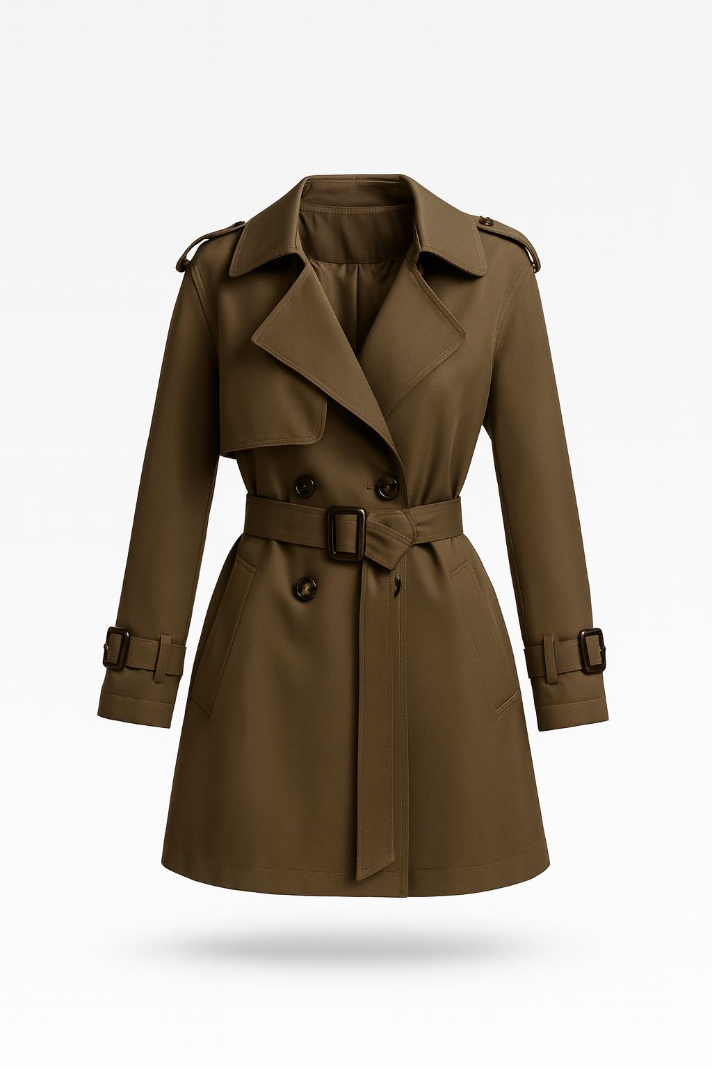 Women's belted double-breasted trench coat with long sleeves and notched collar