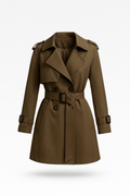 Women's belted double-breasted trench coat with long sleeves and notched collar