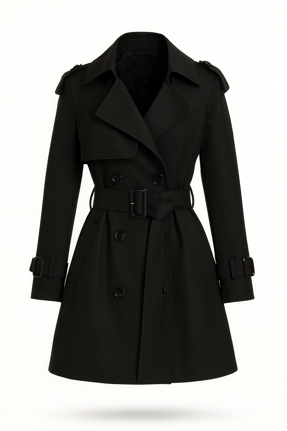 Women's belted double-breasted trench coat with long sleeves and notched collar