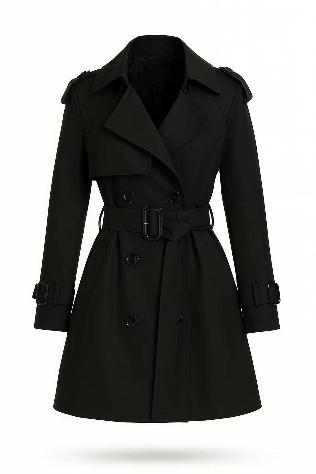 Women's belted double-breasted trench coat with long sleeves and notched collar