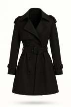 Women's belted double-breasted trench coat with long sleeves and notched collar