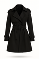 Women's belted double-breasted trench coat with long sleeves and notched collar