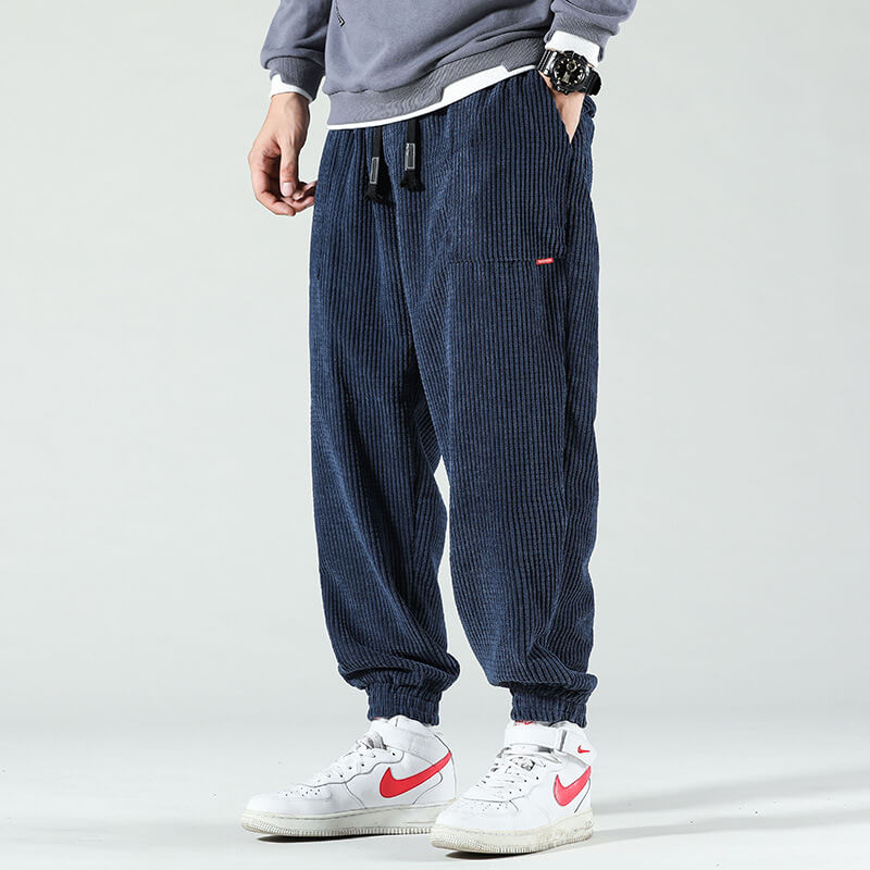 Men's ribbed corduroy trousers with drawstring waist and elasticated cuffs