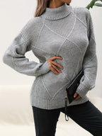 Women's geometric diamond pattern turtleneck sweater with long sleeves and ribbed trims