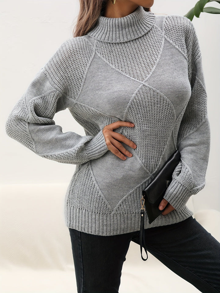 Women's geometric diamond pattern turtleneck sweater with long sleeves and ribbed trims
