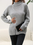 Women's geometric diamond pattern turtleneck sweater with long sleeves and ribbed trims