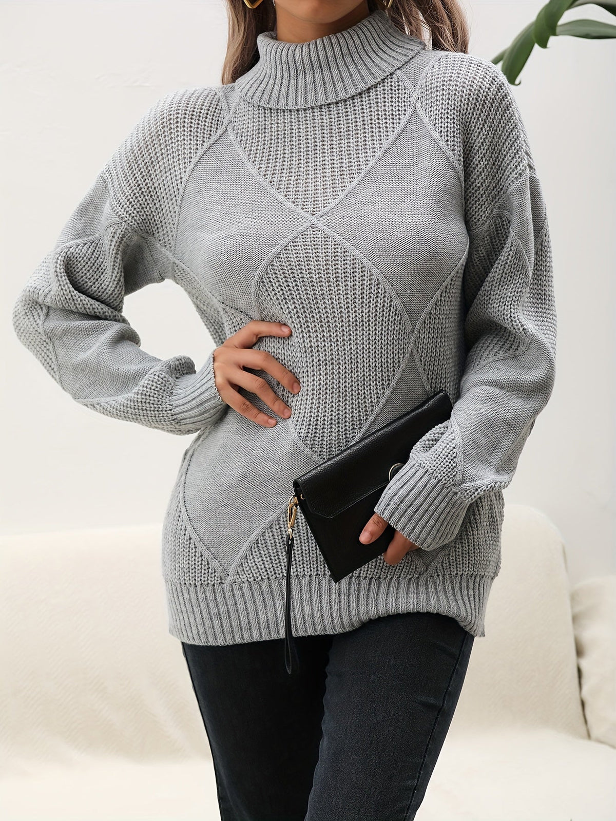Women's geometric diamond pattern turtleneck sweater with long sleeves and ribbed trims