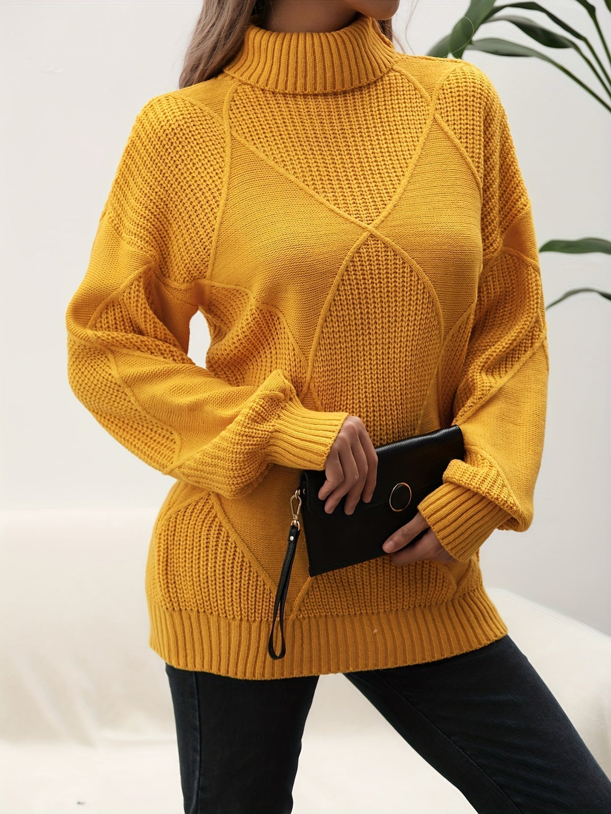 Women's geometric diamond pattern turtleneck sweater with long sleeves and ribbed trims
