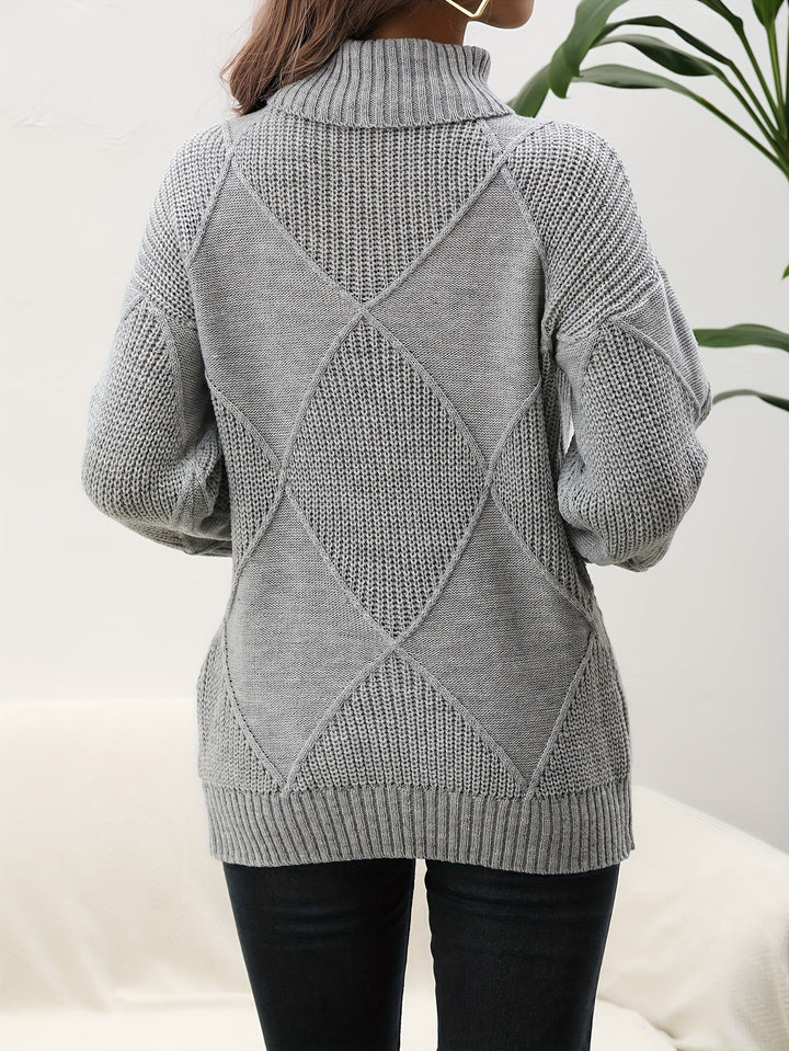 Women's geometric diamond pattern turtleneck sweater with long sleeves and ribbed trims
